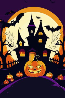 Balkabağı, kale ve kaleyle Cadılar Bayramı bayrağınız kutlu olsun. düz çizgi film vektör çizimi.