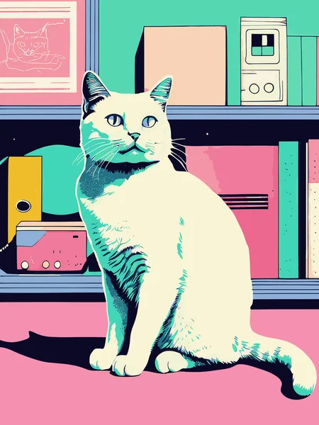 Kedi, kedinin başında oturuyor. Vektör çizimi. Klasik renkli kedi RisografisiName