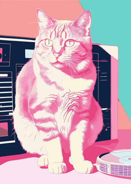Bilgisayardaki sevimli kedi, illüstrasyon sanatı klasik renkli kedi Risografisi.