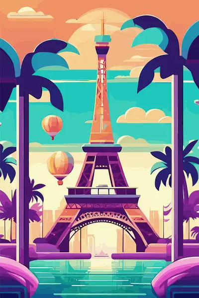 巴黎旅游招贴画 埃菲尔铁塔 埃菲尔铁桥等著名的埃菲尔铁塔地标 平面卡通风格的矢量图解 — 图库矢量图片