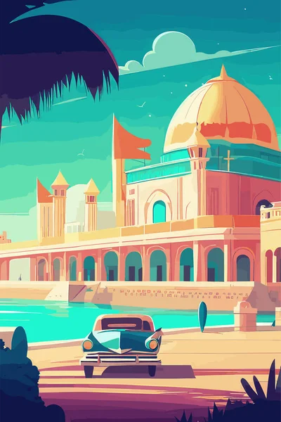 Vektor Illustration Arabiska Staden Palmer Och Havet — Stock vektor
