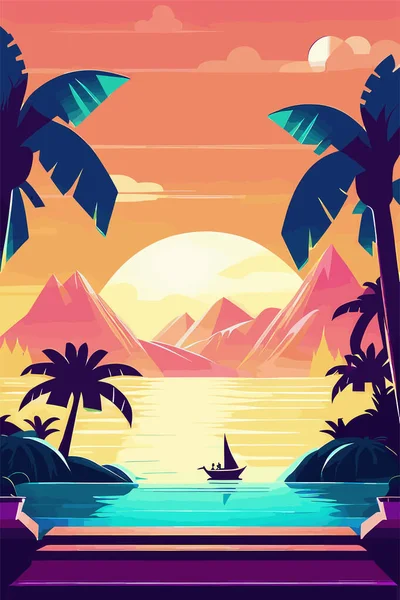 Puesta Sol Océano Con Palmeras Mar Montañas Ilustración Vectorial — Archivo Imágenes Vectoriales