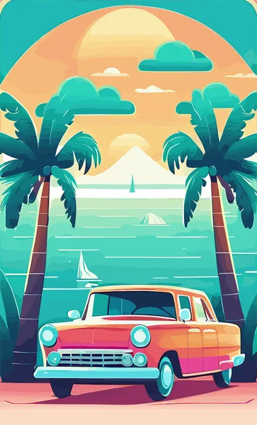 Denizin arka planında retro araba ve palmiye ağaçlarının vektör çizimi.