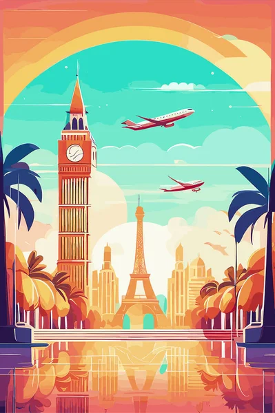 带有艾菲尔铁塔和桥的巴黎旅游海报背景矢量图解 — 图库矢量图片