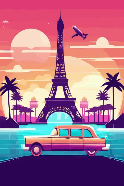 Paris Reise Und Urlaubsposter Mit Eiffelturm Vektorillustration — Stockvektor
