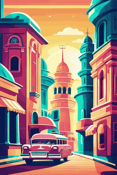 Binaları olan retro şehir sokağı. Vektör illüstrasyonu, hedef rehber posteri