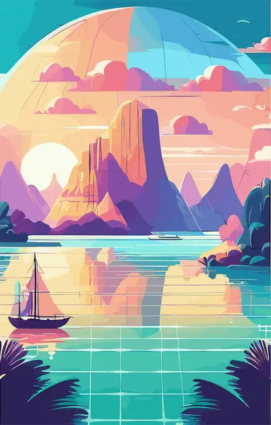 Atardecer Verano Con Montañas Lago Ilustración Vectorial Cartel Guía Destino — Archivo Imágenes Vectoriales