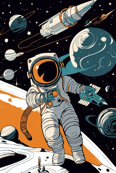 Uzayda uzay gemileri olan bir astronot. vektör sanat illüstrasyonu.