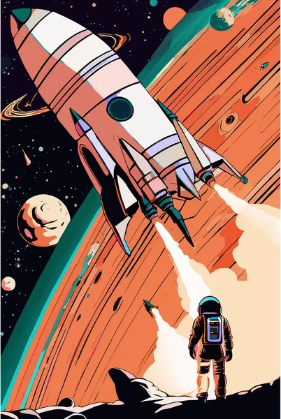 uzay roketi ve astronot uzayda uçuyor.