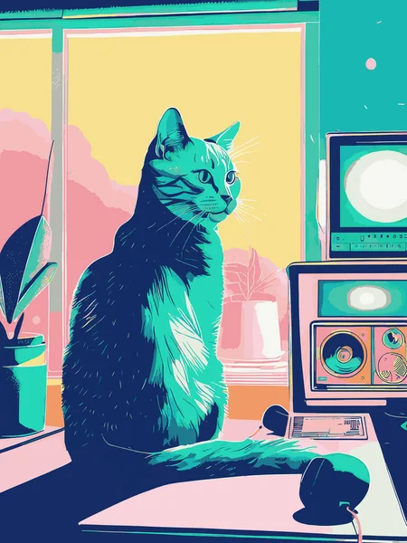 Bir kedinin vektör çizimi, klasik renkli bir kedinin Risograph 'ı