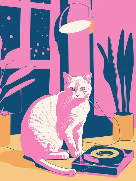 Bir kedinin vektör çizimi, klasik renkli bir kedinin Risograph 'ı