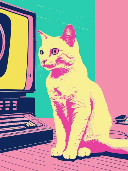 Bir kedinin vektör çizimi, klasik renkli bir kedinin Risograph 'ı