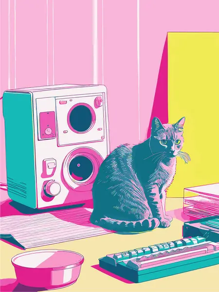Bir kedinin vektör çizimi, klasik renkli bir kedinin Risograph 'ı