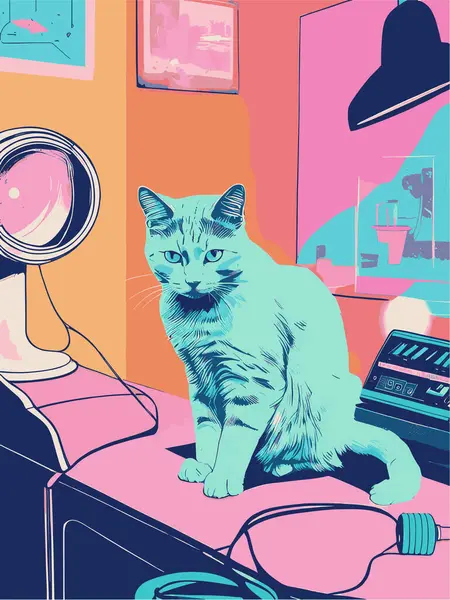 Bir kedinin vektör çizimi, klasik renkli bir kedinin Risograph 'ı