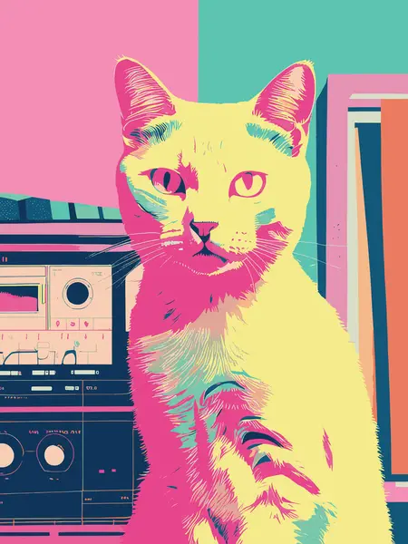 Bir kedinin vektör çizimi, klasik renkli bir kedinin Risograph 'ı