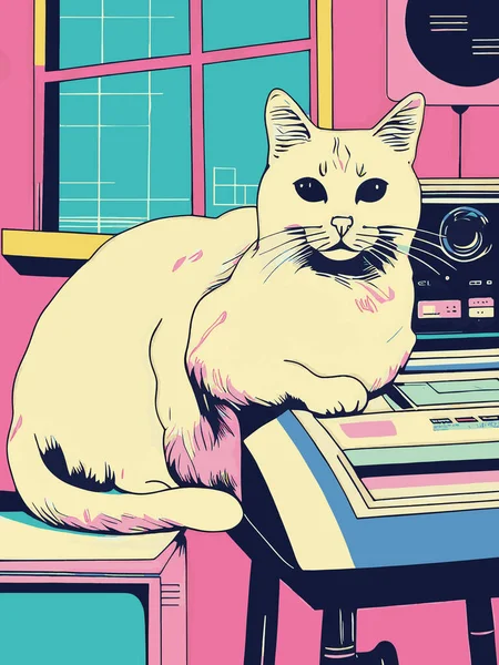 Bir kedinin vektör çizimi, klasik renkli bir kedinin Risograph 'ı