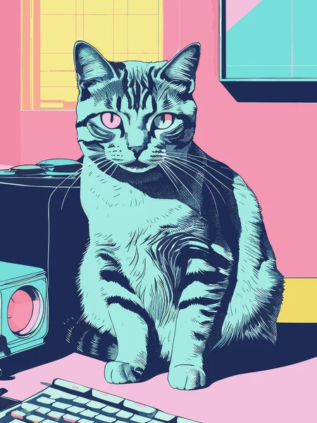 Bir kedinin vektör çizimi, klasik renkli bir kedinin Risograph 'ı