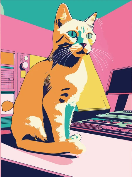 Bir kedinin vektör çizimi, klasik renkli bir kedinin Risograph 'ı