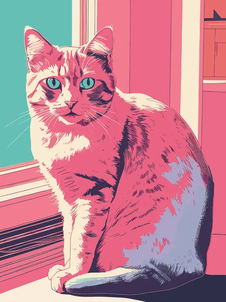 Bir kedinin vektör çizimi, klasik renkli bir kedinin Risograph 'ı