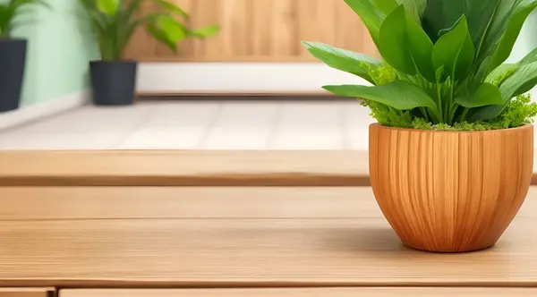 houseplant in wooden table on light wooden background