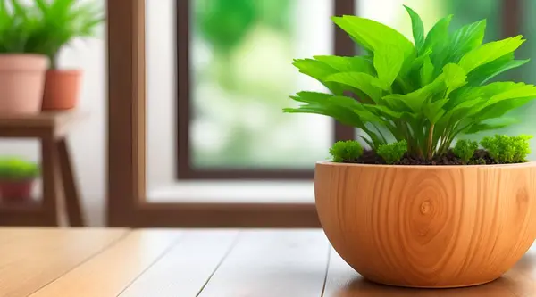 potted plants in wooden bowl