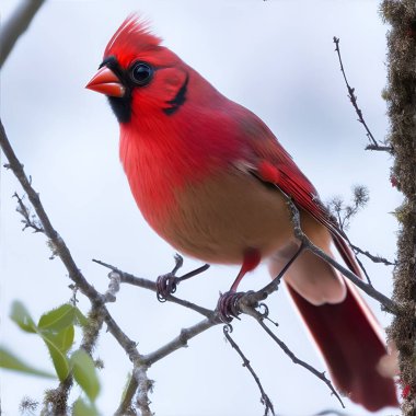 Kırmızı kardinal kuş ormandaki bir dala tünedi..