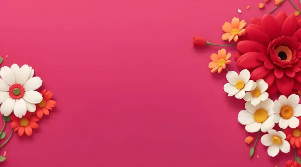 paper flowers on pink paper background with copy space.