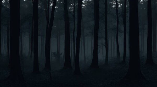 Dark forest background, dark forest, fog and mist