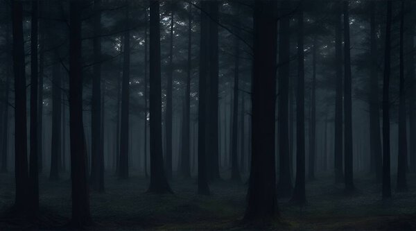 Dark foggy night forest. mysterious dark night forest, mysterious dark night, mysterious forest. mysterious dark fog in forest, mysterious dark forest, dark