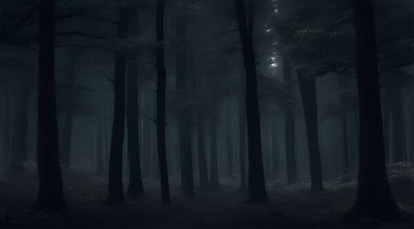 Dark night forest in the dark with a mysterious mysterious, mysterious trees, fog, fog, mysterious forest, dark forest. art, halloween theme