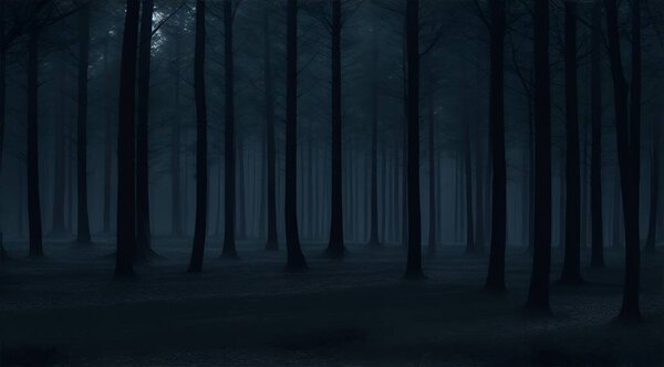 Dark forest in the night fog