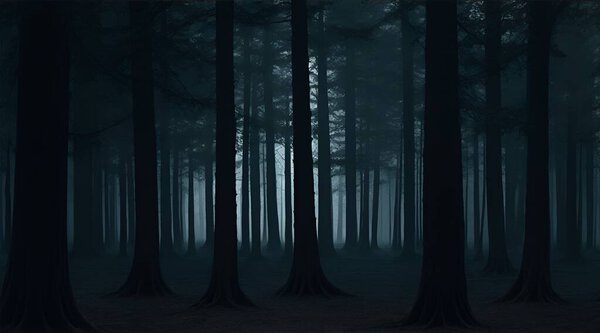 Dark fog and night forest. dark night, forest, fog in the woods.