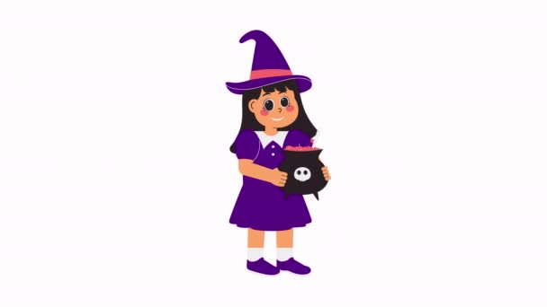 有趣的万圣节人物动画 小女巫拿着女巫的锅 — 图库视频影像