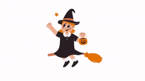 かわいいハロウィンキャラクターアニメーション_魔法のワンドを保持する小さな魔女 — ストック動画