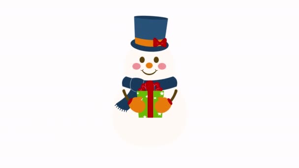 Schattige Sneeuwpop Die Een Cadeau Animatie Vasthoudt — Stockvideo
