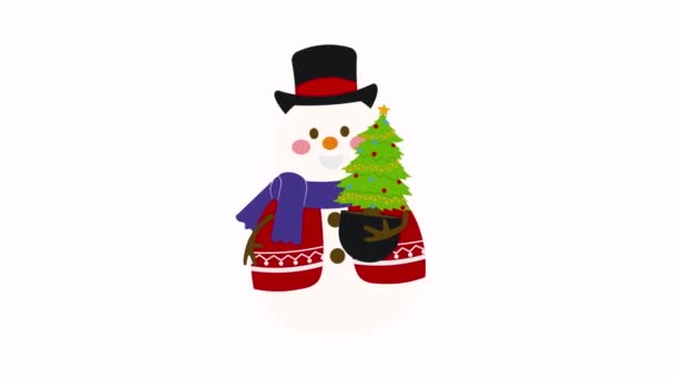 Leuke Sneeuwpop Met Kerst Dennenboom Animatie — Stockvideo