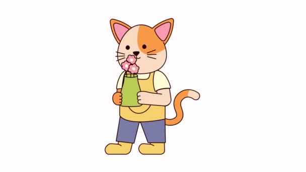 Kočka Drží Květiny Animace — Stock video