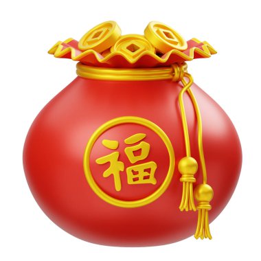 Chinese Gold Coin Bag Ornament Chinese New Year 3D Illustration