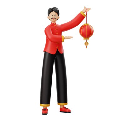 3D Chinese Man Character Holding Lantern Illustration