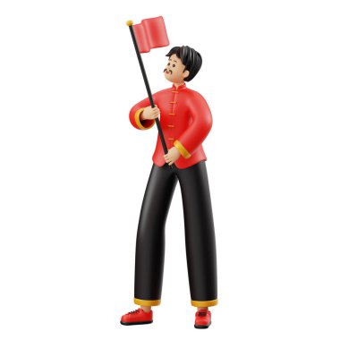 3D Chinese Man Character Holding Flag Illustration