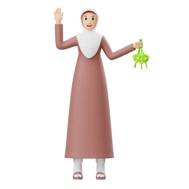 3 Boyutlu Karakter Müslüman Kadın Ketupat Tutuyor