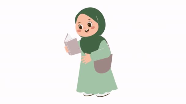 Roztomilé Hidžáb Dívka Čtení Animace Knihy — Stock video