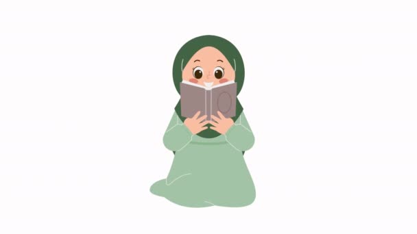 Cute Hijab Girl Reading Quran Book Animation — Stock Video