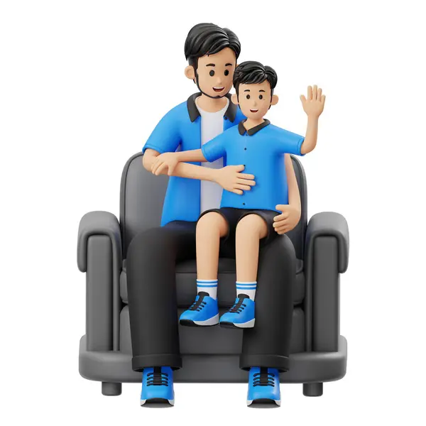 3D Karakter Babası Oturan Çocuğu Tutuyor