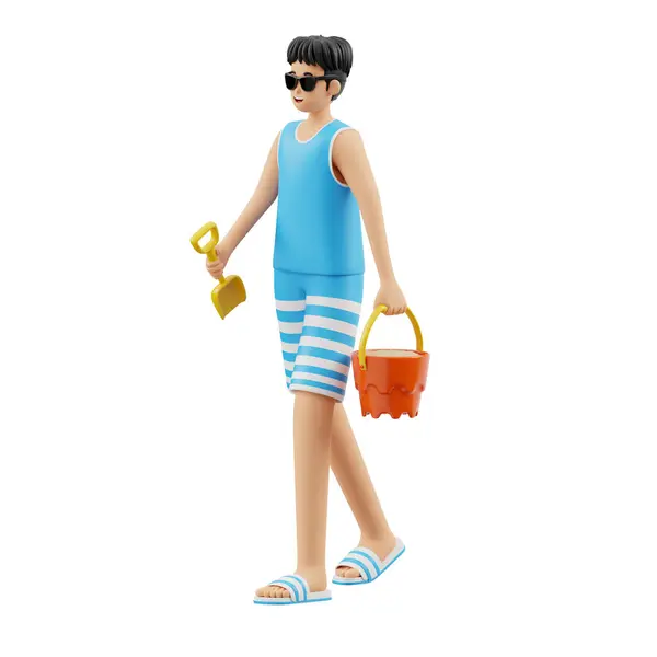 3D Karakter Adam Sandhappiness 'de oynuyor, sepet kum