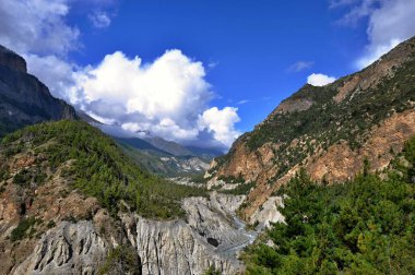 Marshyangdi (Marsyangdi) nehir vadisi manzarası. Arkasında mavi gökyüzü olan Marshyangdi Nehri 'nin Rocky Vadisi. Manang Bölgesi, Nepal, Asya.