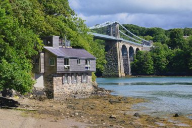 View of Menai Suspension Bridge, Anglesey, Wales, Europe. clipart