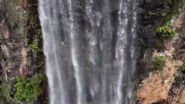 Purling Brook Falls, Springbrook Ulusal Parkı, Queensland, Avustralya, çağlayan çağlayanlar, gelişen yeşil ormanlar ve engebeli, doğal kayalık araziler. Yumuşak sis ve canlı çevre doğanın dinginliğini vurgular