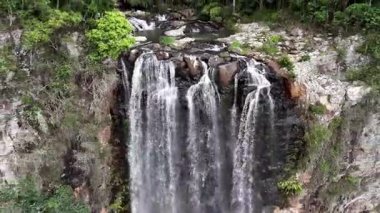 Purling Brook Falls, Springbrook Ulusal Parkı, Queensland, Avustralya, çağlayan çağlayanlar, gelişen yeşil ormanlar ve engebeli, doğal kayalık araziler. Yumuşak sis ve canlı çevre doğanın dinginliğini vurgular