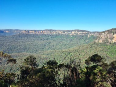 Yankı Noktasına Bakan Dağ Sırtı Temiz Gök Altında Üç Kız Kardeş Ormanı Vadisi, Doğal güzellikleri gösteren sakin bir manzara Mavi Dağlar Ulusal Parkı, Yeni Güney Galler Avustralya
